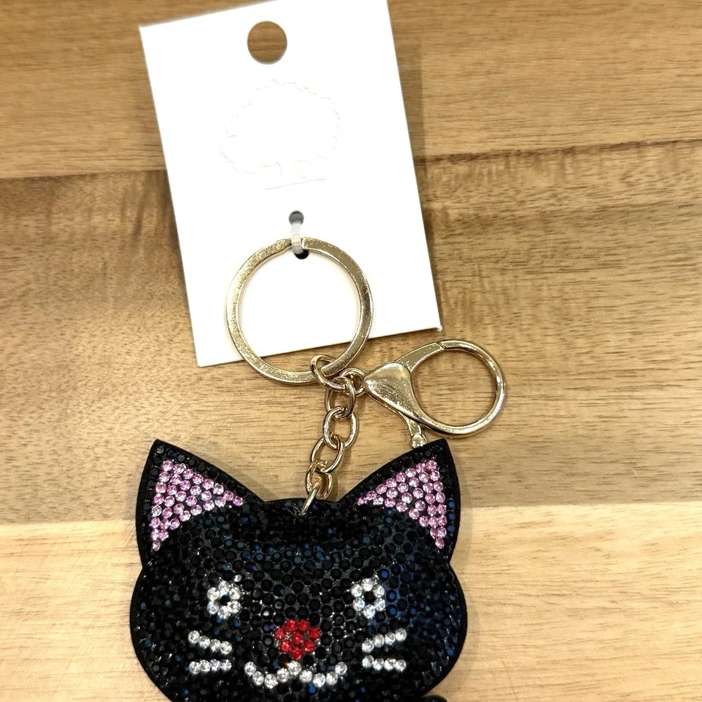 Black Cat Rhinestone Bling Faux Suede Stuffed Key Chain Charm Cat Lover Gift NEW